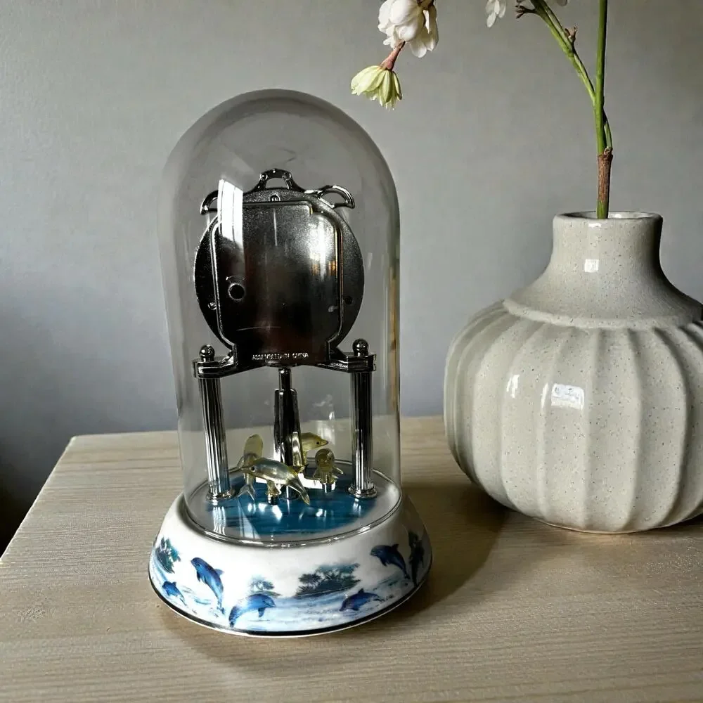 Waltham Dolphin Anniversary Clock Blue White Porcelain Glass Dome Quartz